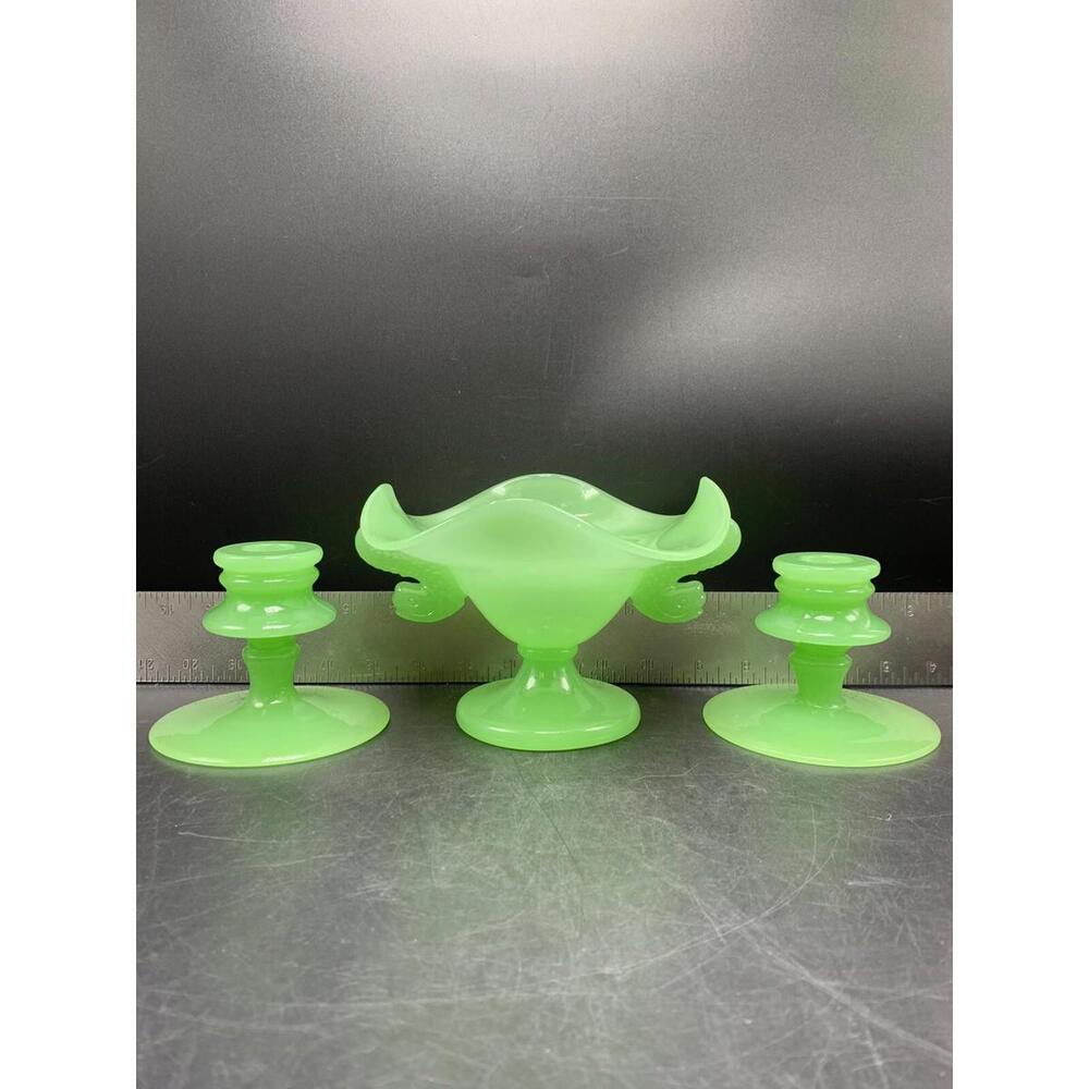 Vintage Pair Jadeite Pedestal 3.5 in Candle Holders & center piece bowl